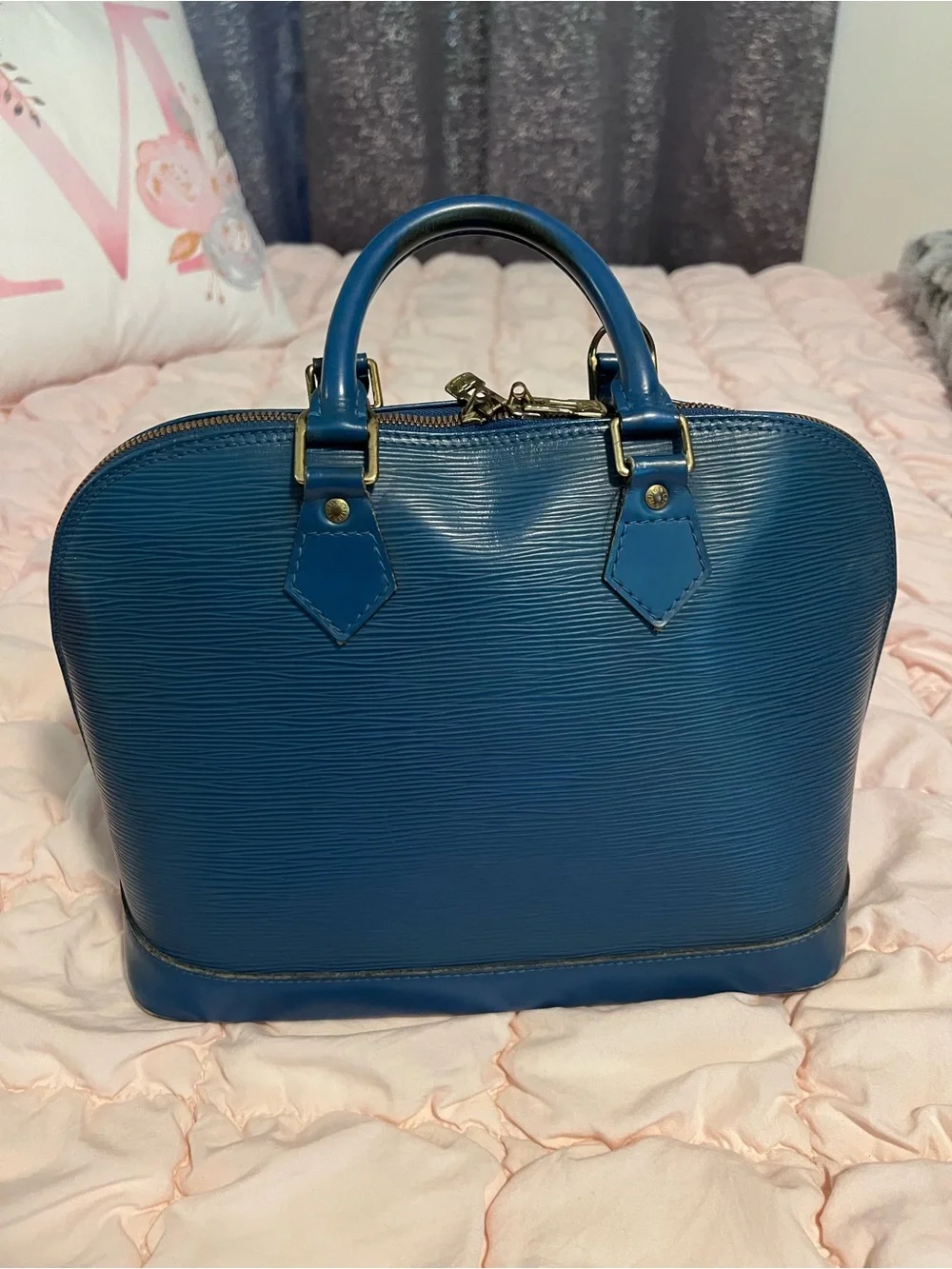 Authentic Louis Vuitton Blue Epi Leather Alma Satchel with Matching Card Holder